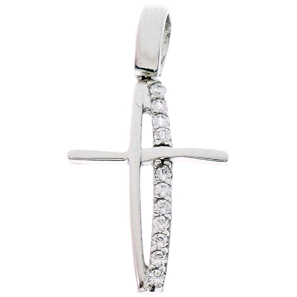 Ciondolo Croce in Oro Bianco 9 Carati con Zirconi
