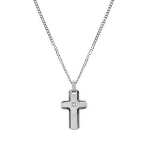 Collana Uomo Strong e Diamond Geometric in Acciao con Diamante Bianco Croce Nomination