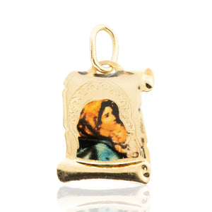 Medaglia Battesimo Pergamena in Oro Giallo Madonna con Bambino