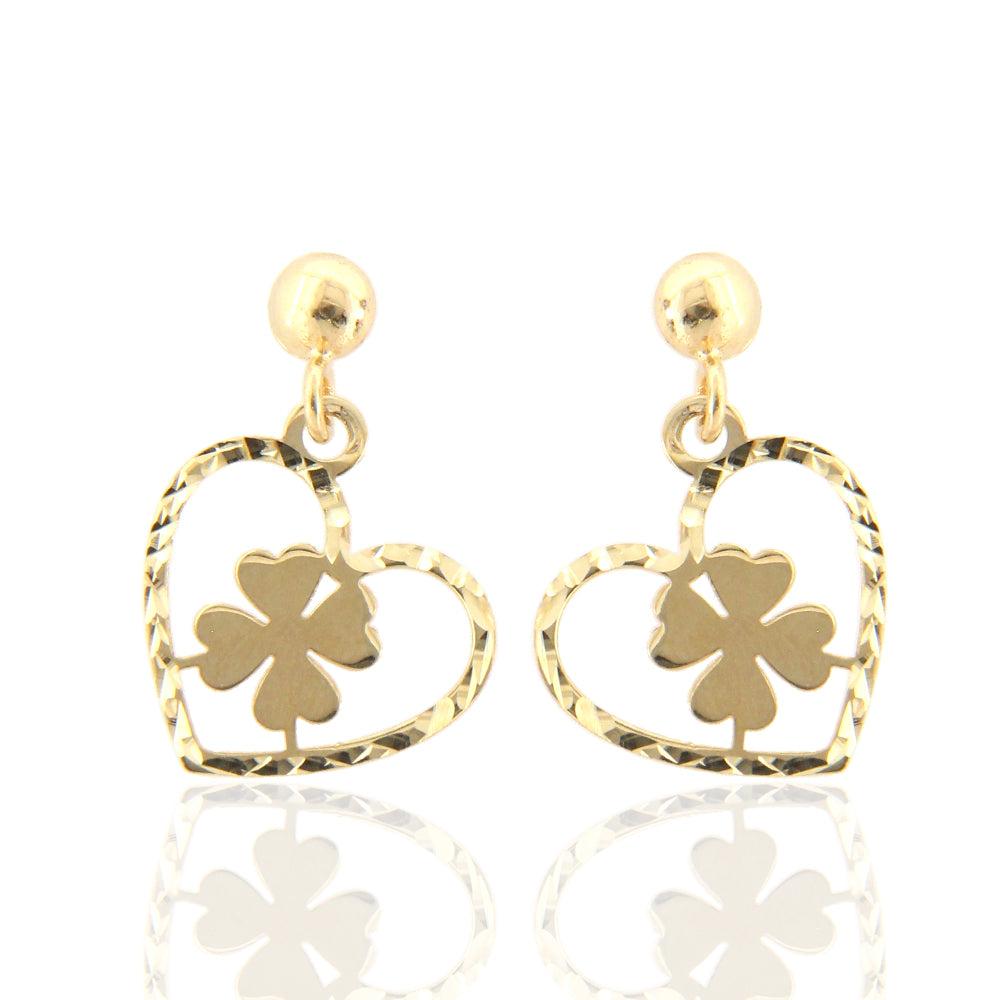 Orecchini A Perno In Oro Giallo 9kt A Forma Di Quadrifoglio Con Zirconia Cubica - Portafortuna Andralok - Confezione Regalo