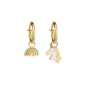 Orecchini a Cerchietto Prime Gioie in Oro Giallo 9kt con Unicorno e Arcobaleno Smaltati Le Bebè