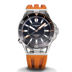 Orologio Uomo in Acciaio e Titanio Automatico Diver 500 Mt Nero cinturino Arancione Montecristo Locman