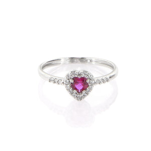 Anello Donna Cuore in Oro Bianco con Zirconi e Rubino Sintetico
