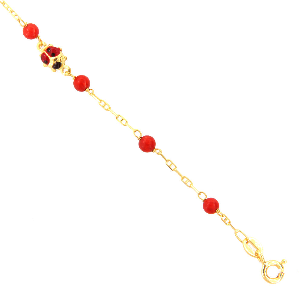 Bracciale Battesimo Bambina in Oro Giallo 18 Carati e Corallo con Coccinella