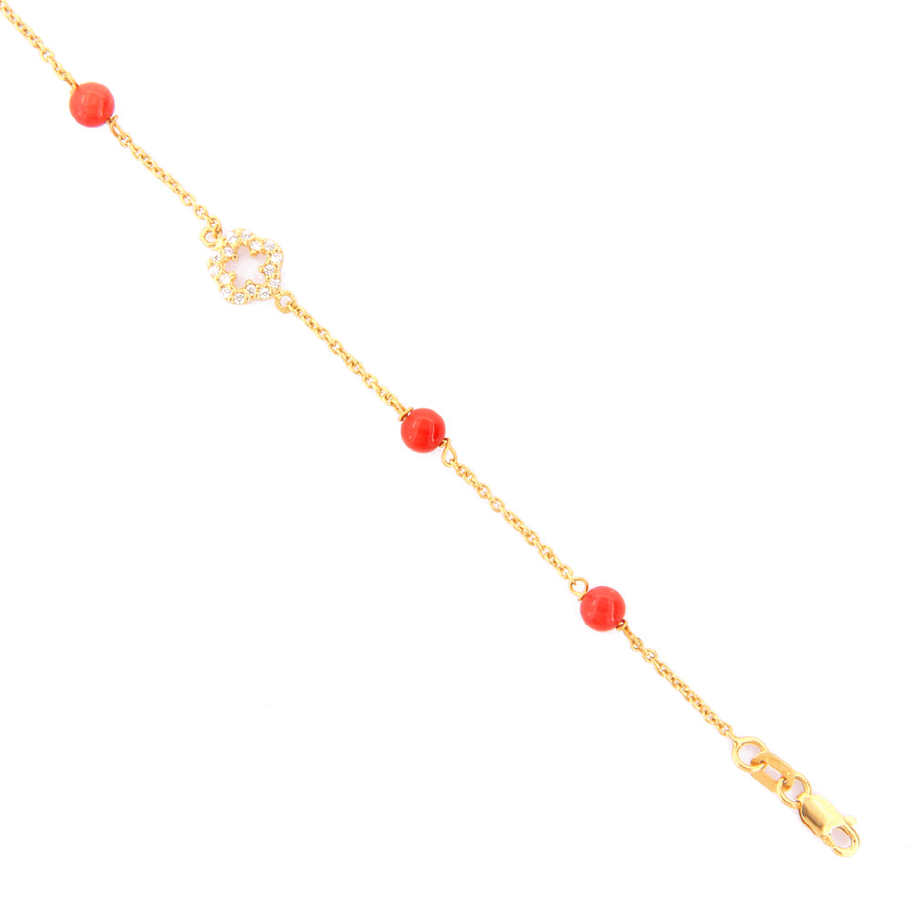 Bracciale Battesimo Bambina in Oro Giallo 9 Carati e Corallo con Zirconi e Fiore Centrale