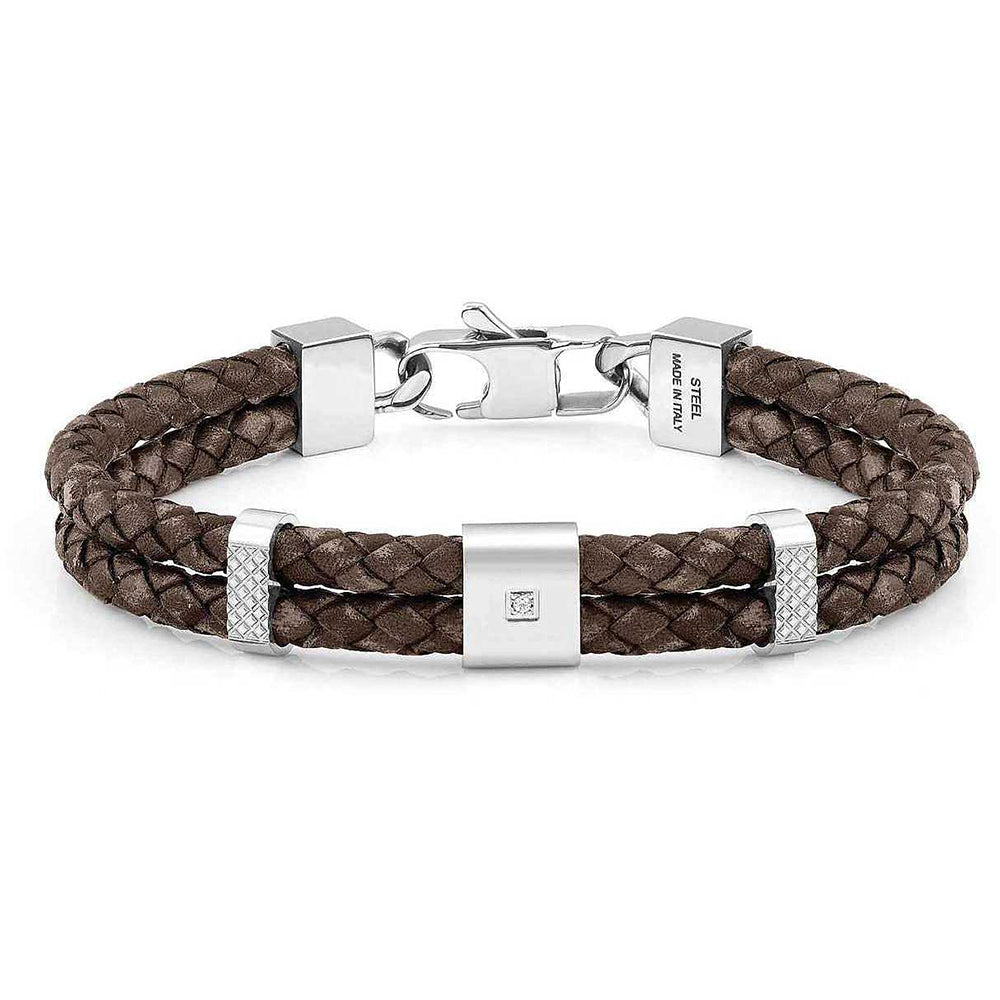 Bracciale Uomo Acciaio e Pelle Marrone Doppia Corda con Zircone Tribe Nomination