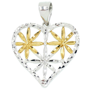 Ciondolo Cuore Traforato con Fiori in Oro Giallo e Bianco