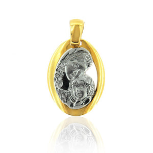 Ciondolo Medaglia Ovale Unisex Immagine Sacra Madonna con Bambino Oro Giallo e Bianco