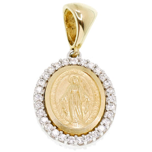 Ciondolo Religioso Madonna Miracolosa in Oro Giallo e Bianco con Zirconi
