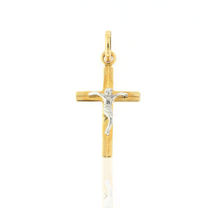 Ciondolo Unisex Croce in Oro Giallo con Cristo in Oro Bianco Lucido