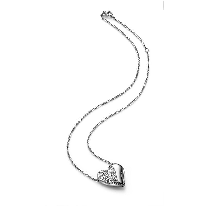 In acciaio lucido con cristalli bianchi. Interno in alluminio anodizzato Graphite. Catena in acciaio lucido. Lunghezza regolabile: 45-50 cm. Chiusura a moschettone.