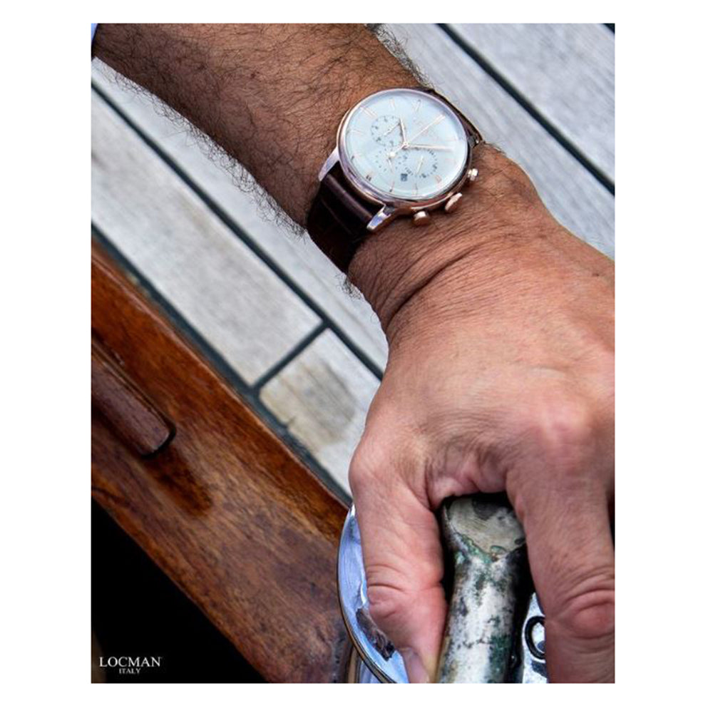 Reloj Cronógrafo Locman 1960 – Acero Marrón, Esfera Blanca, 42 Mm – Movimiento Cuarzo, Resistencia 5 ATM
