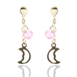 Orecchini Bambina in Oro Giallo con Quarzo Rosa e Luna